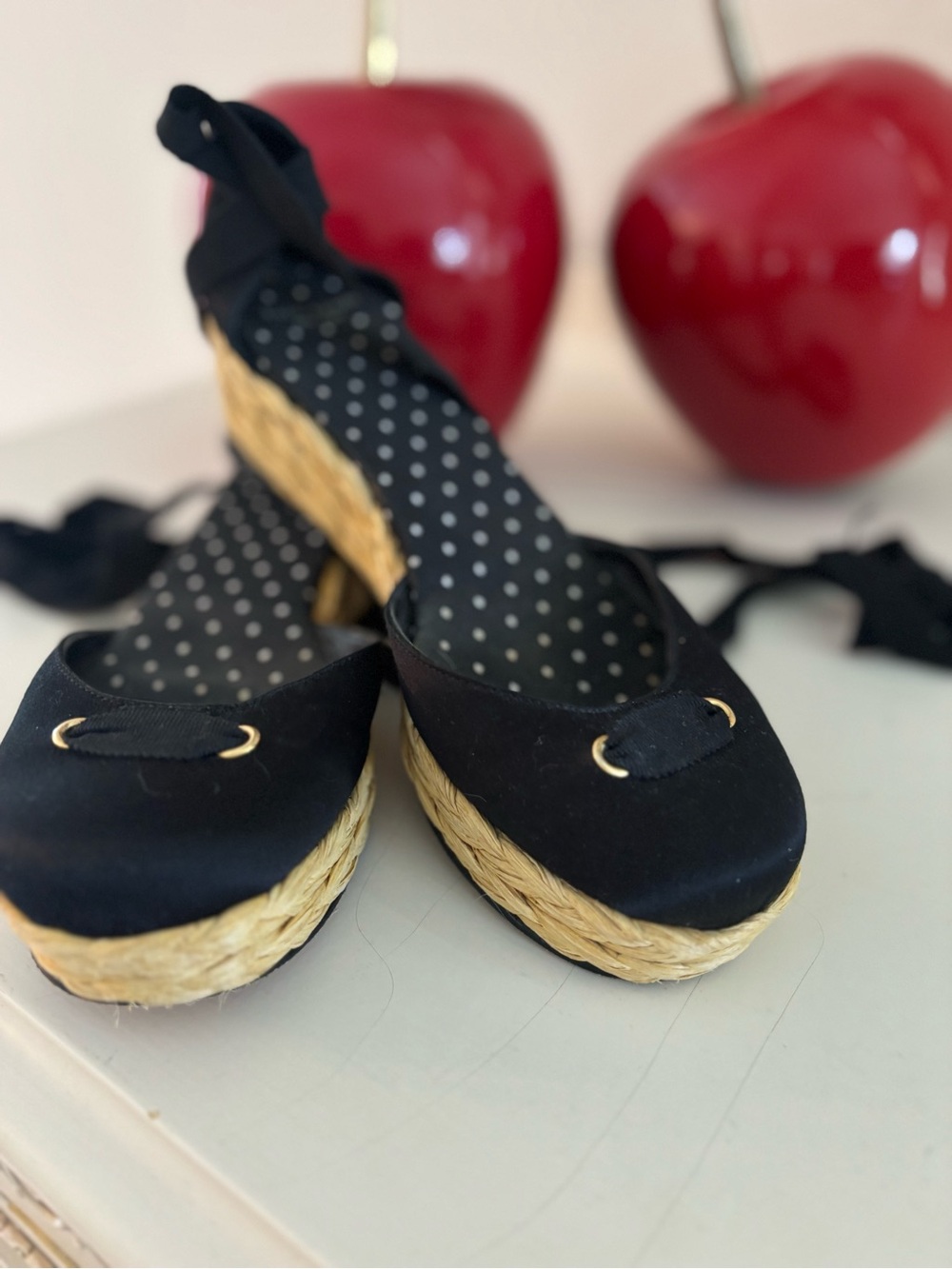 kate spade Black Espadrille Wedges with Polka Dot Insole